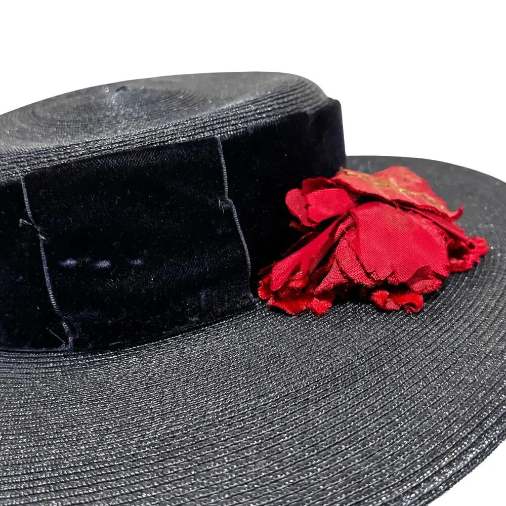 Vintage boater style ladies hat navy blue & faded red flower on velvet hatband - Picture 6 of 9